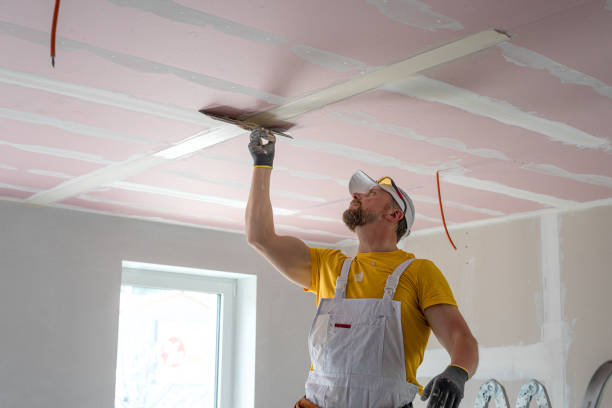 The worker make a plasterboard ceiling. He does taping plaster drywall ceiling joints. He is using special drywall taping knife.